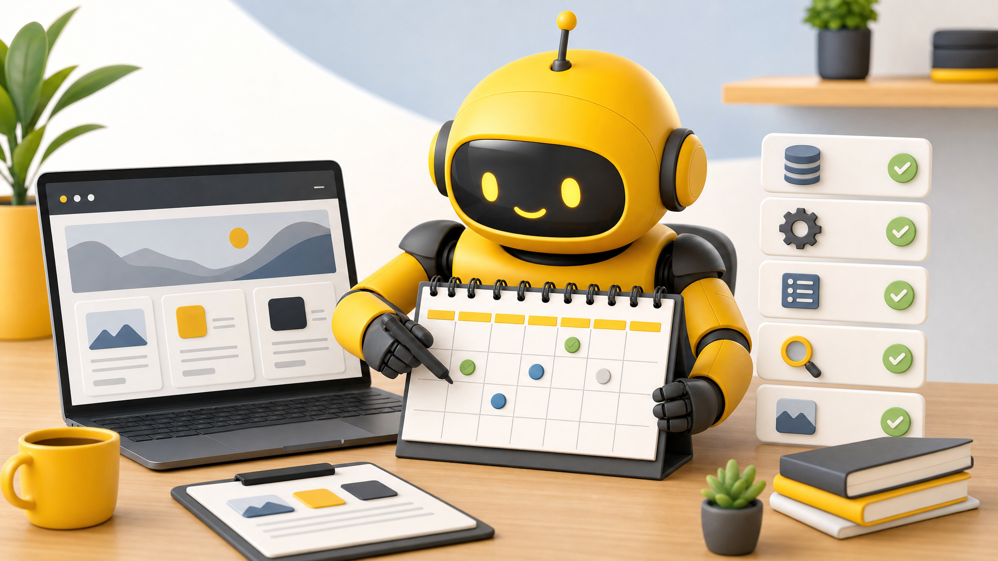 Theo robot reviewing a monthly website maintenance package calendar