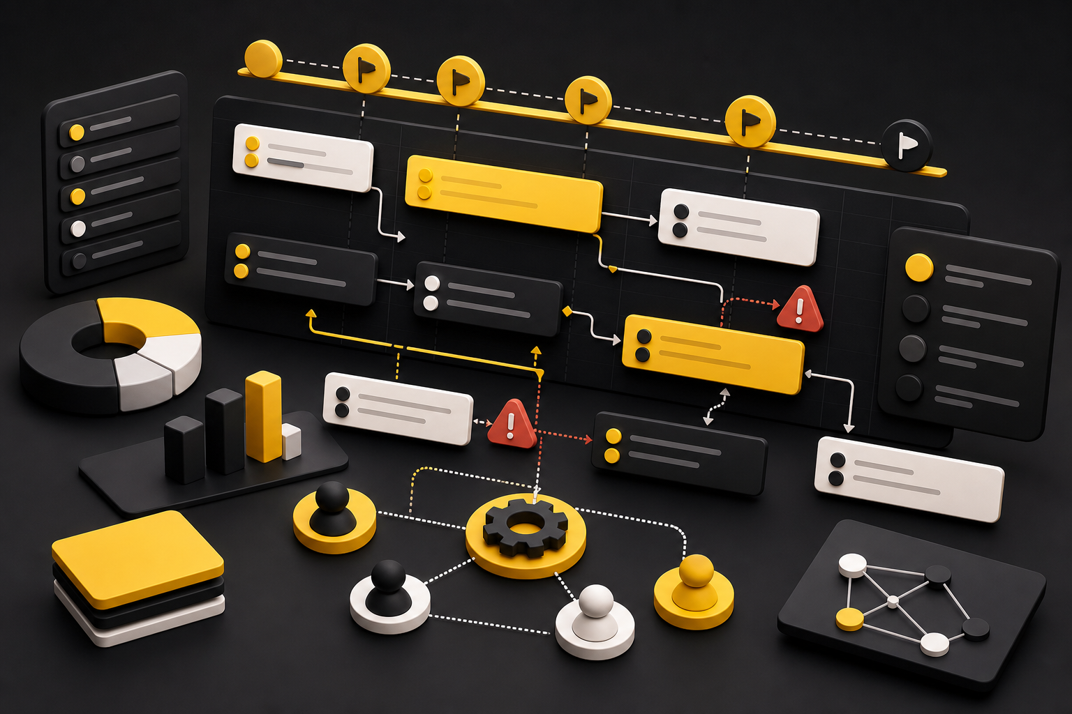 Project manager role with timeline blocks, tasks, dependencies, and risk markers