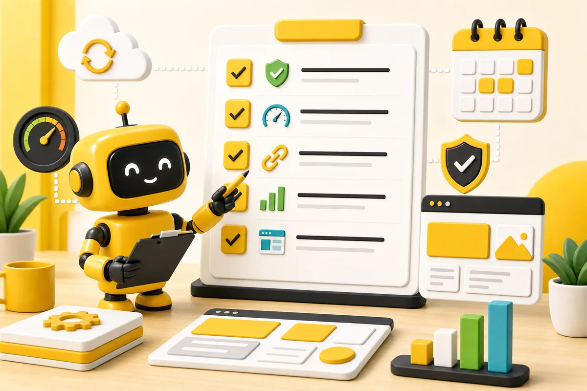 Theo robot organizing a website care plan checklist with security, speed, links, analytics, and calendar tasks