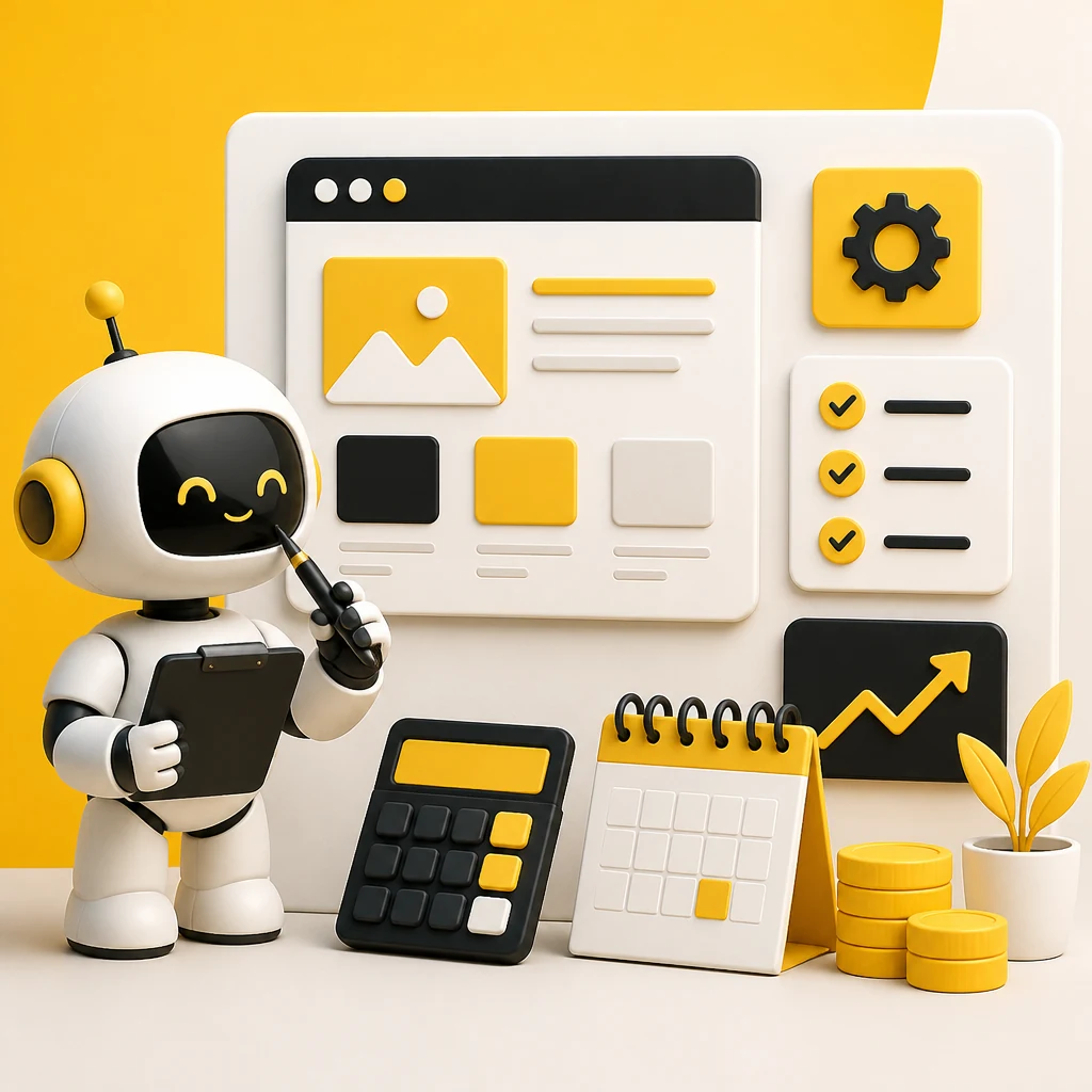 Theo robot reviewing a website maintenance budget with calendar and checklist cards