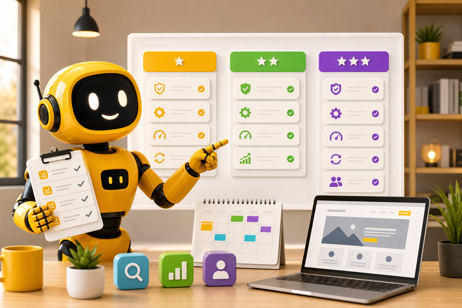 Theo robot comparing website maintenance plan options on a checklist board
