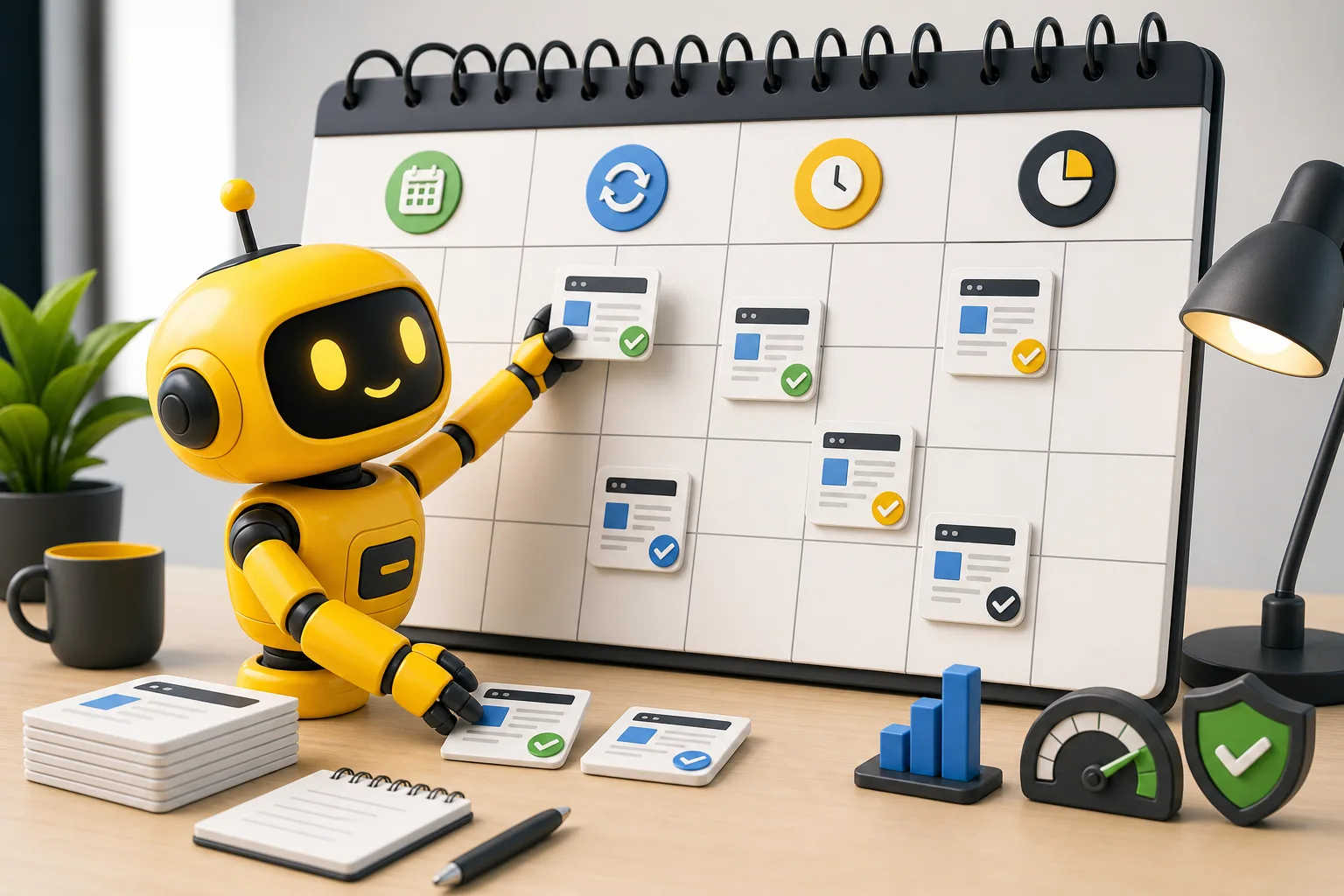 Theo robot arranging website maintenance tasks on a monthly schedule board