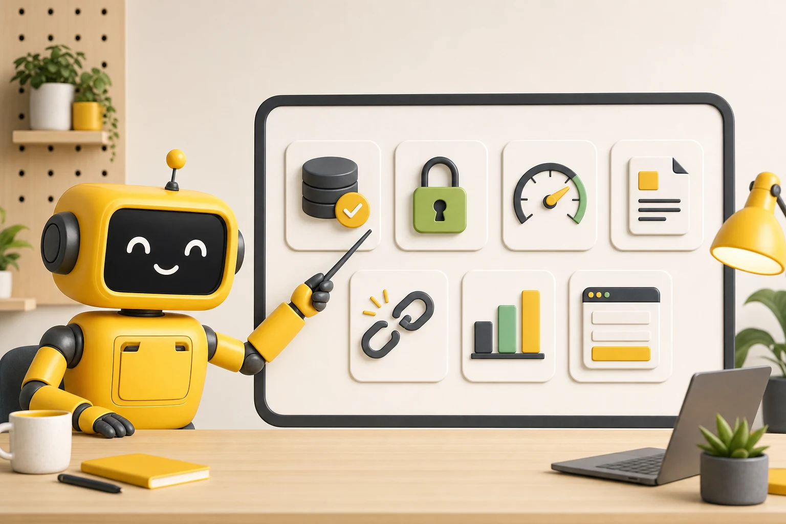 Theo robot reviewing website maintenance categories including backups, security, speed, content, links, analytics, and forms